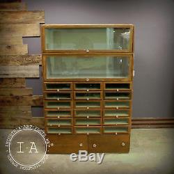 Vintage Industrial Glass Front 20 Drawer Barrister Display Cabinet Grand Rapids
