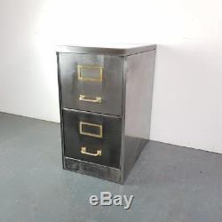Vintage Industrial Stripped Metal 2 Drawer Filing Cabinet Brass Handles #2293