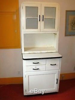 Vintage Kitchen Cabinet, Glass Doors, Enamel Top Slides, Clean, Small Hoosier