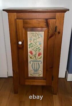 Vintage Knotty Pine Farmhouse Cupboard Jelly Pantry Cabinet with Hand Painted Door