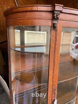 Vintage Large Fancy Oak Carved Bow Front China Display Curio Cabinet