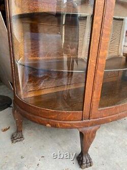 Vintage Large Fancy Oak Carved Bow Front China Display Curio Cabinet