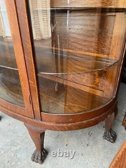 Vintage Large Fancy Oak Carved Bow Front China Display Curio Cabinet