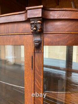 Vintage Large Fancy Oak Carved Bow Front China Display Curio Cabinet