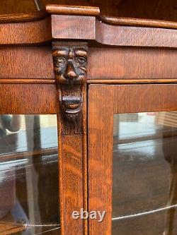 Vintage Large Fancy Oak Carved Bow Front China Display Curio Cabinet