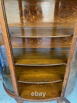 Vintage Large Fancy Oak Carved Bow Front China Display Curio Cabinet