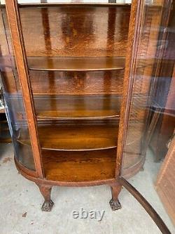 Vintage Large Fancy Oak Carved Bow Front China Display Curio Cabinet