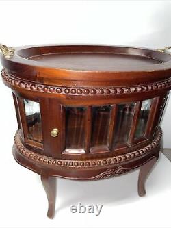 Vintage Mahogany Table Curio Or Tea Cabinet With Two Hinged Doors And Oval Shape