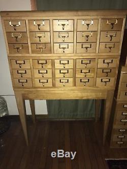 Vintage Maple Solid Wood 30 Drawer Card Catalog Specimen Cabinet & Stand Library