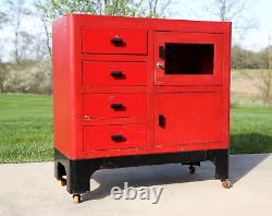 Vintage Medical Cabinet Bathroom storage metal Industrial Dental cart red