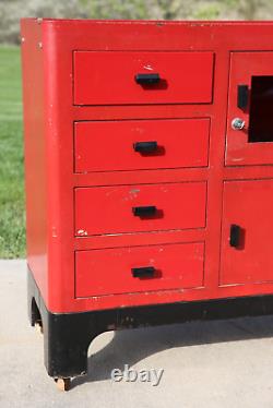 Vintage Medical Cabinet Dental Cart Industrial metal apothecary drawer red black