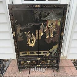 Vintage Mid Century Oriental Asian Chinoiserie Black Laquer Shoe Cabinet Pagoda