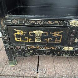 Vintage Mid Century Oriental Asian Chinoiserie Black Laquer Shoe Cabinet Pagoda