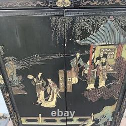 Vintage Mid Century Oriental Asian Chinoiserie Black Laquer Shoe Cabinet Pagoda