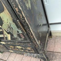 Vintage Mid Century Oriental Asian Chinoiserie Black Laquer Shoe Cabinet Pagoda