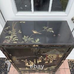 Vintage Mid Century Oriental Asian Chinoiserie Black Laquer Shoe Cabinet Pagoda