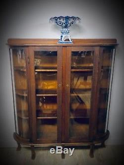 Vintage Oak Bow Front Curved Curio Cabinet China Cabinet Display Case 57 Tall