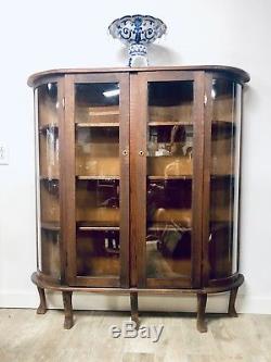 Vintage Oak Bow Front Curved Curio Cabinet China Cabinet Display Case 57 Tall