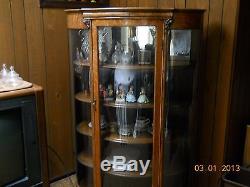 Vintage Oak China Cabinet with Curved Glass
