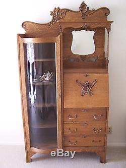 Vintage Oak Secretary curved glass door, beveled mirror, carved lion headboard