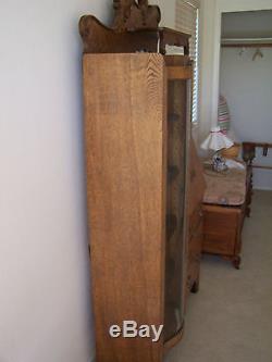 Vintage Oak Secretary curved glass door, beveled mirror, carved lion headboard