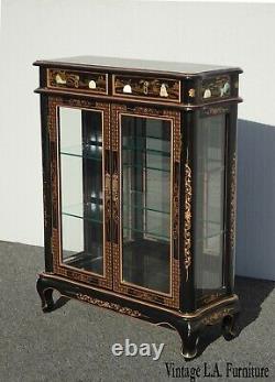 Vintage Oriental Asian Black Chinoiserie Display Case Curio Cabinet w Shelves