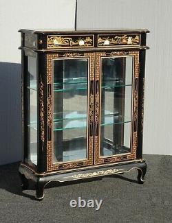 Vintage Oriental Asian Black Chinoiserie Display Case Curio Cabinet w Shelves