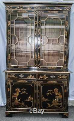 Vintage Oriental Chinoiserie Decorated Secretary Breakfront Cabinet