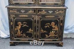 Vintage Oriental Chinoiserie Decorated Secretary Breakfront Cabinet