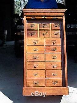 Vintage Original Oak 18 Drawers Library Card Cabinet with Roll Top Closure