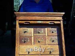 Vintage Original Oak 18 Drawers Library Card Cabinet with Roll Top Closure