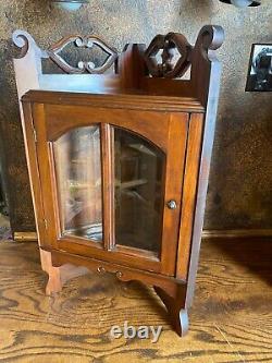 Vintage Ornate Walnut Wall Corner Cabinet w Beveled Glass Doors / Curio Display