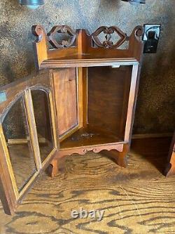 Vintage Ornate Walnut Wall Corner Cabinet w Beveled Glass Doors / Curio Display