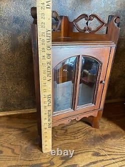 Vintage Ornate Walnut Wall Corner Cabinet w Beveled Glass Doors / Curio Display