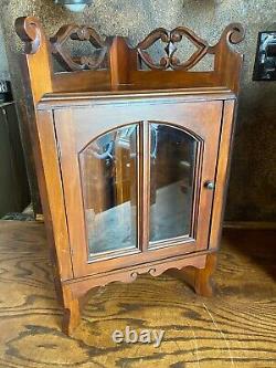 Vintage Ornate Walnut Wall Corner Cabinet w Beveled Glass Doors / Curio Display