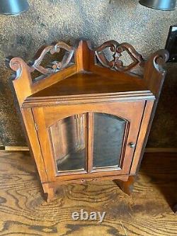 Vintage Ornate Walnut Wall Corner Cabinet w Beveled Glass Doors / Curio Display