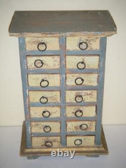 Vintage Primitive Apothecary Wood Cabinet 14-Drawers Trinket Jewelry Box