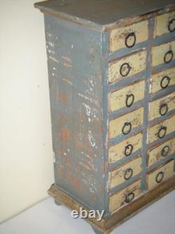 Vintage Primitive Apothecary Wood Cabinet 14-Drawers Trinket Jewelry Box
