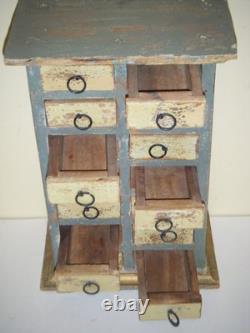 Vintage Primitive Apothecary Wood Cabinet 14-Drawers Trinket Jewelry Box