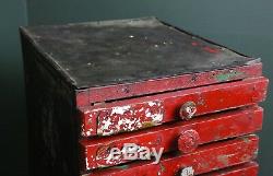 Vintage Primitive Tool Box Red 15 Wood Drawer Hardware Store Cabinet industrial