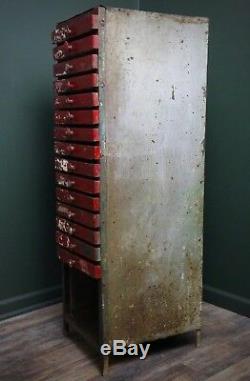 Vintage Primitive Tool Box Red 15 Wood Drawer Hardware Store Cabinet industrial