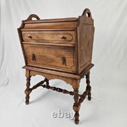 Vintage Sewing Cabinet Stand Side Table Cherry Wood Drawers Lift Up Top Storage
