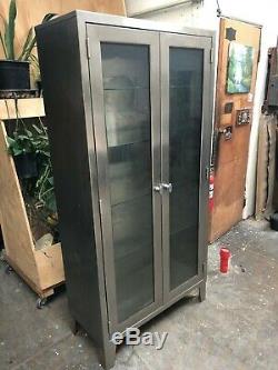 Vintage Stainless Steel & Glass Medical Industrial Apothecary Cabinet