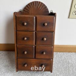 Vintage Wall Hanging Sunburst 7 Drawer Spice Cabinet Wood Knobs Primitive