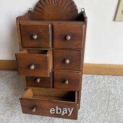 Vintage Wall Hanging Sunburst 7 Drawer Spice Cabinet Wood Knobs Primitive