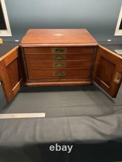 Vintage Wood Flat File Cabinet 4 Felt Lined Drawers Brass Hardware