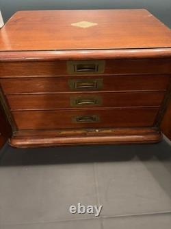 Vintage Wood Flat File Cabinet 4 Felt Lined Drawers Brass Hardware