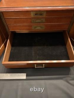 Vintage Wood Flat File Cabinet 4 Felt Lined Drawers Brass Hardware