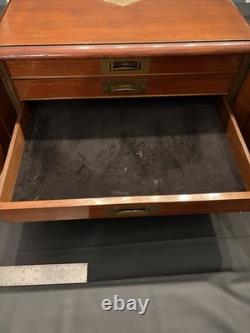 Vintage Wood Flat File Cabinet 4 Felt Lined Drawers Brass Hardware