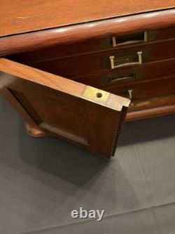 Vintage Wood Flat File Cabinet 4 Felt Lined Drawers Brass Hardware